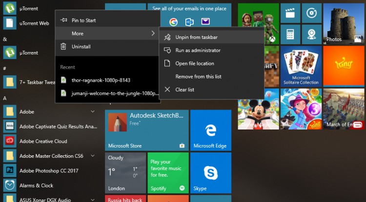 How to pin and unpin icons to taskbar with Windows 10